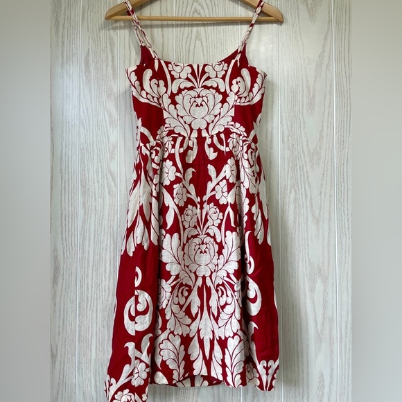 ANN TAYLOR Red Damask Print Linen Blend Dress 2 Petite EUC - Picture 5 of 5